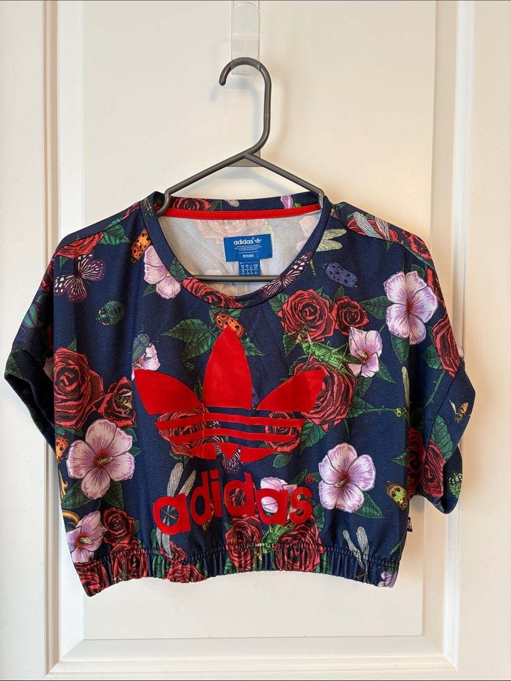 RARE Adidas Navy Floral top with Red velvet accent. Back is satin! So unique!